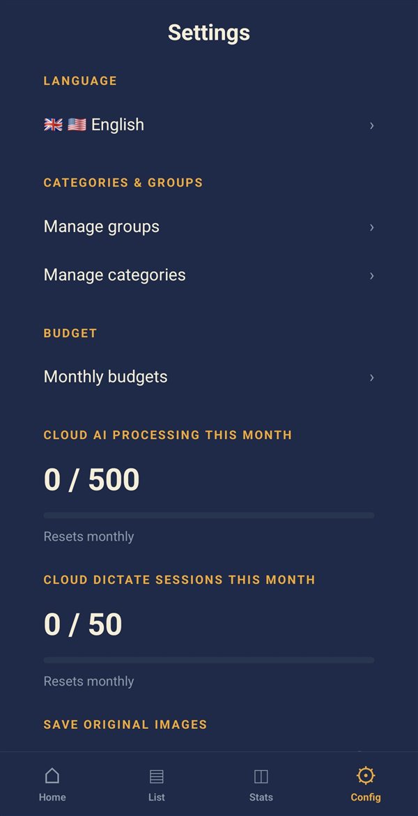 Settings: groups, categories and budgets