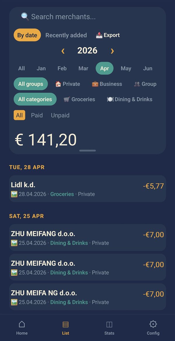 Expense list grouped by date with filters and search