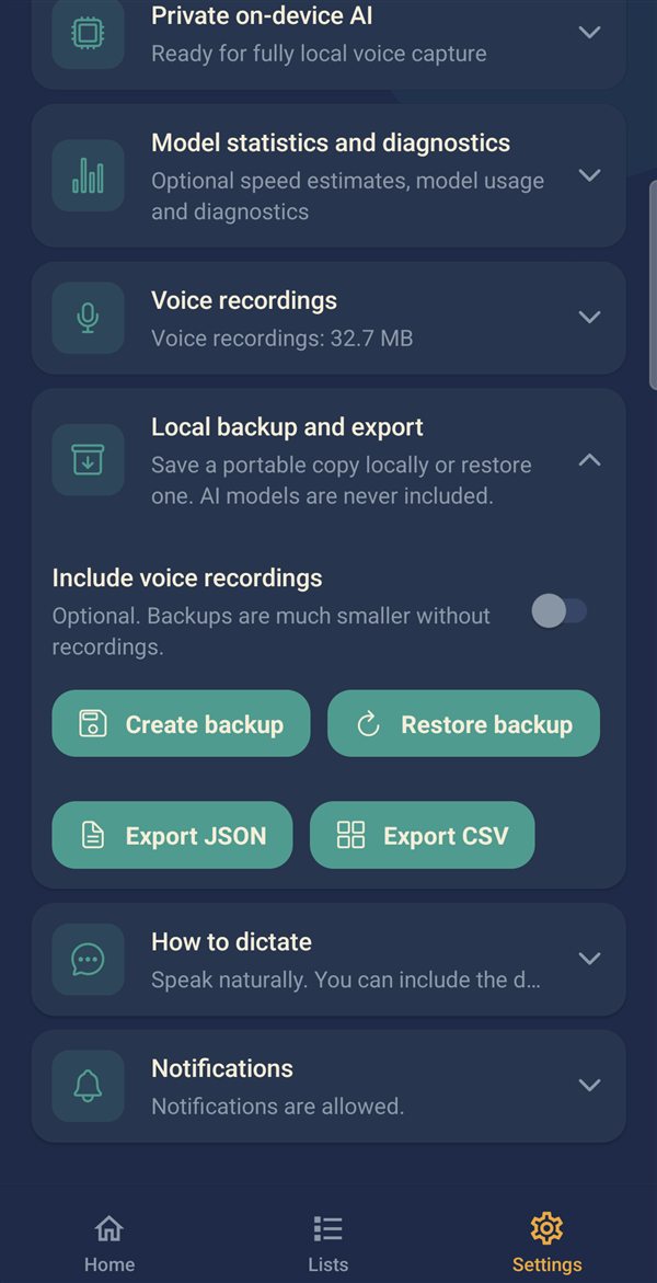 Local backup and export settings
