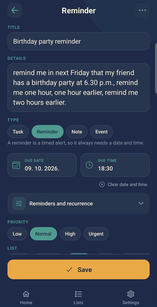 Reminder editor with title, details and due date