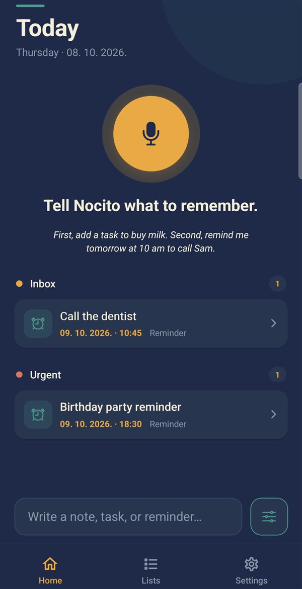 Reminder home screen with the microphone button