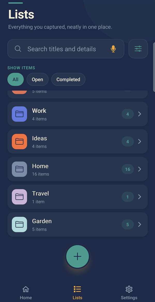 Lists screen with search and your own lists