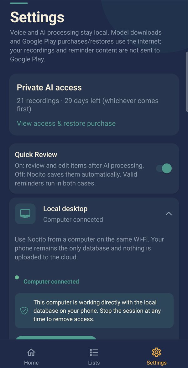 Settings screen with the Local desktop connection