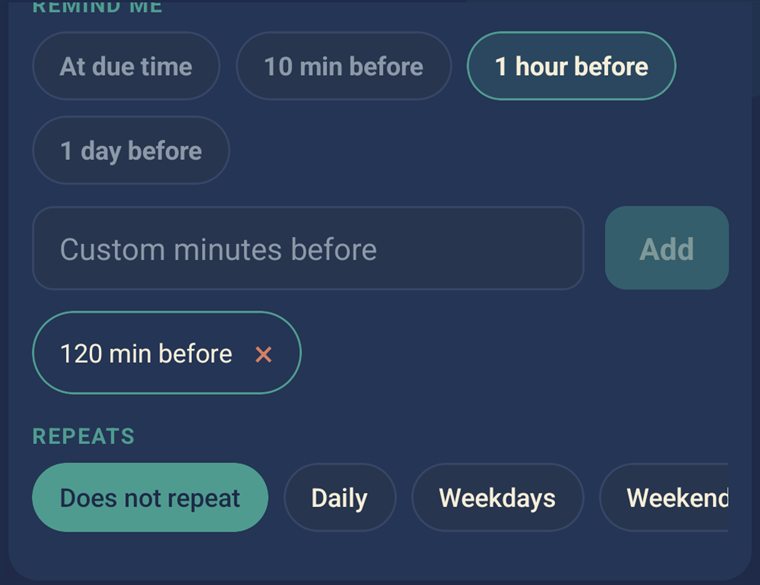 Close-up of advance alerts and repeat options