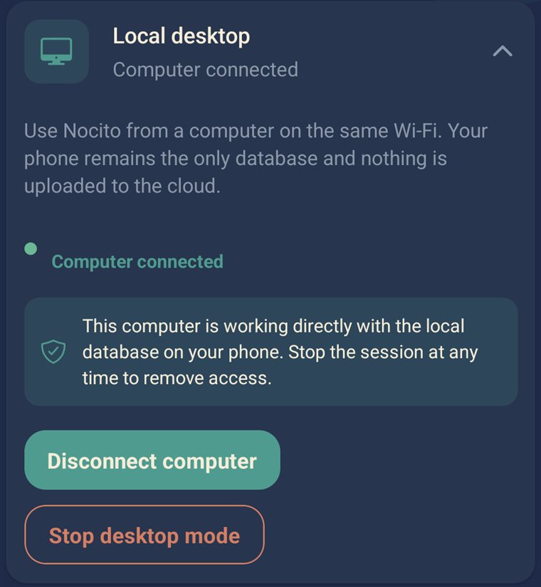 Close-up of the Local desktop card with a connected computer