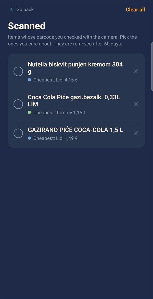 Scanned barcodes with the cheapest chain for each