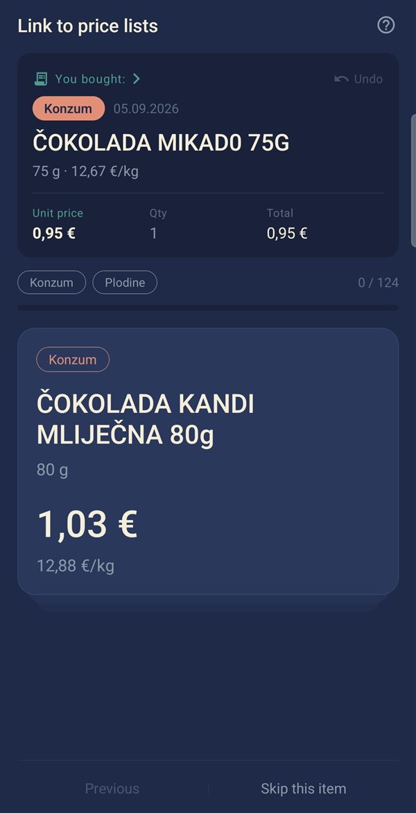 Swipe card for linking a receipt item to a price-list product