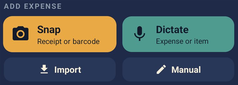 Add expense buttons: Snap, Dictate, Import, Manual