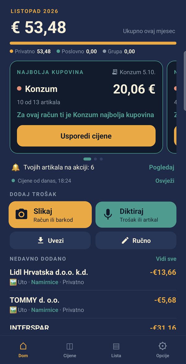 Početni ekran s karticom najbolje kupovine