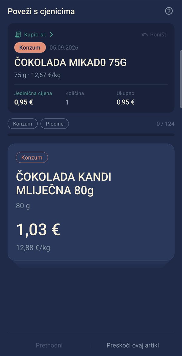 Swipe kartica za povezivanje artikla s računa s proizvodom iz cjenika