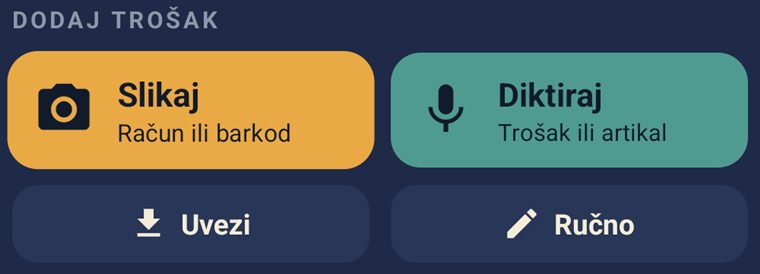 Gumbi za unos troška: Slikaj, Diktiraj, Uvezi, Ručno