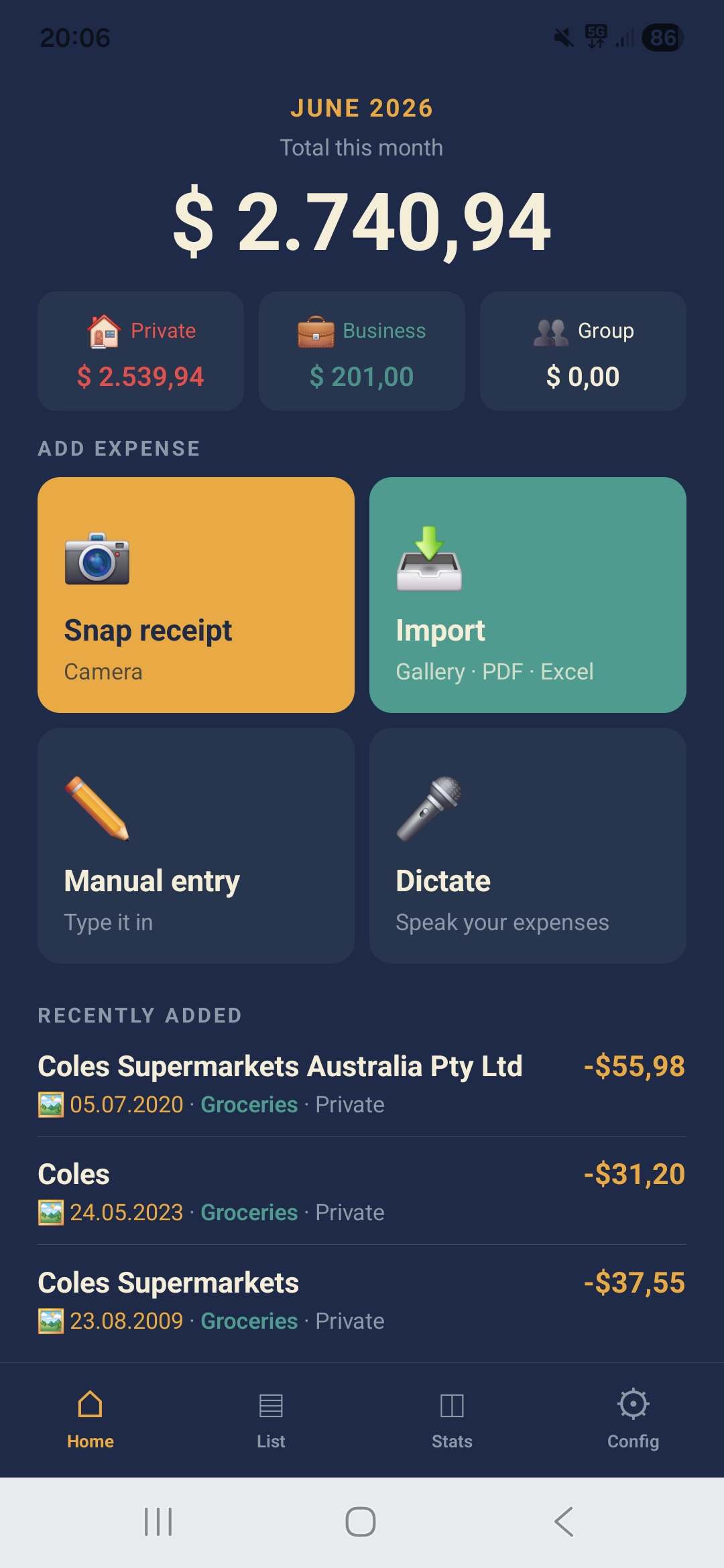 Nocito home screen — monthly overview and capture options