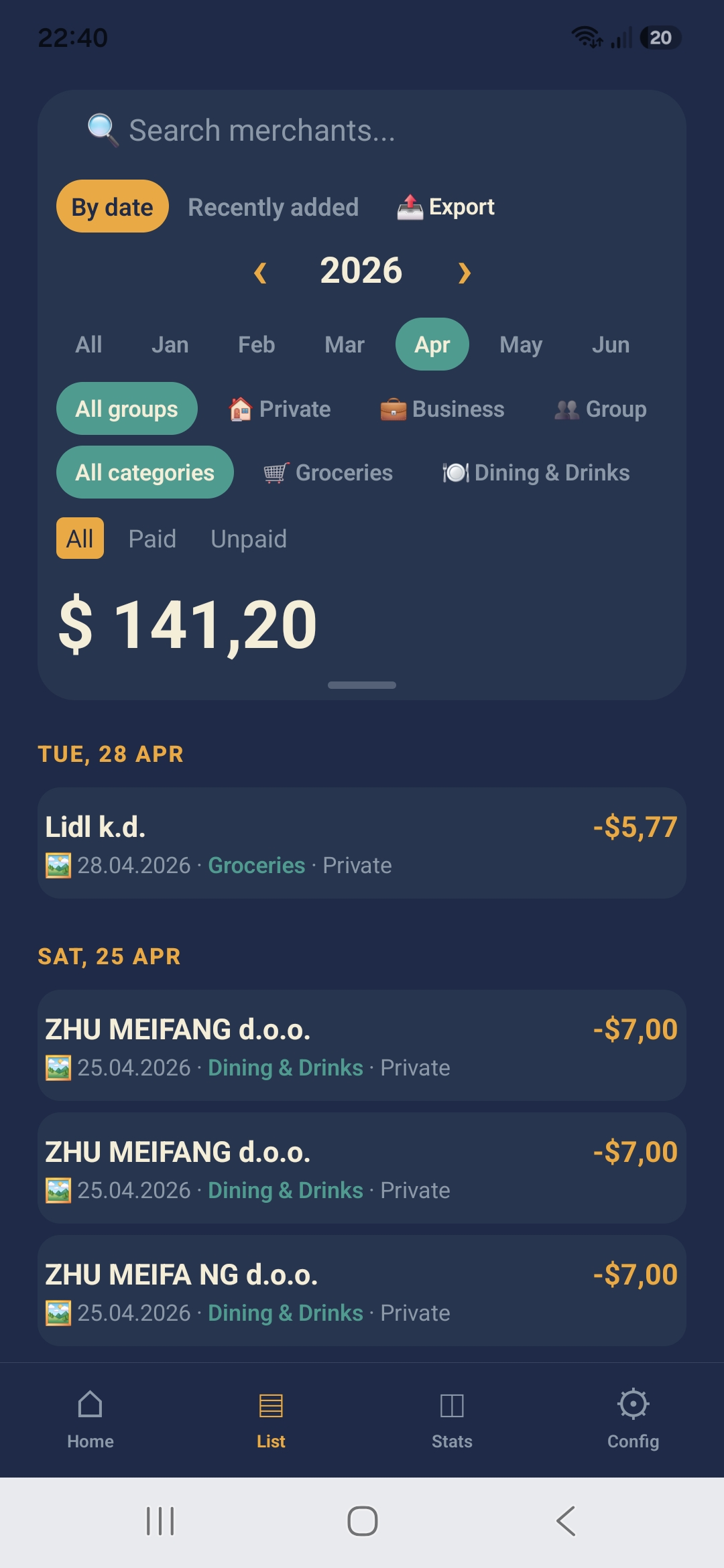Nocito expense list screen